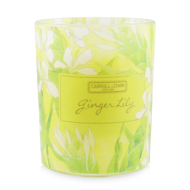 Beeswax votive candle in recycled glass jar, featuring soothing ginger lily scent and natural cotton wick for clean burning.