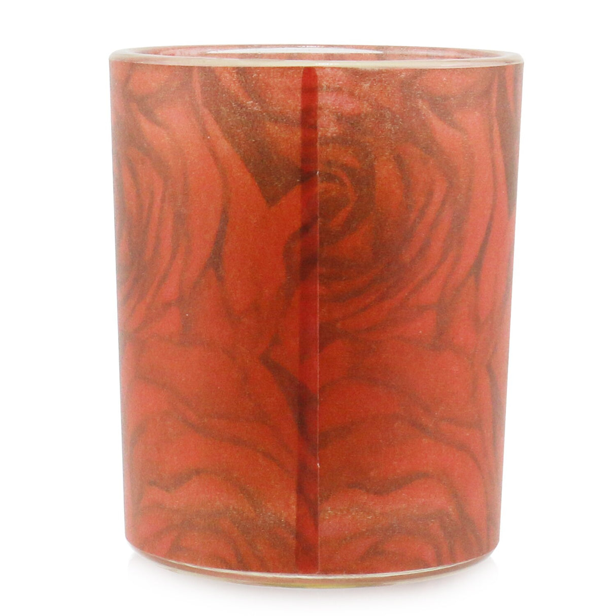100% beeswax votive candle in red rose scent, eco-friendly, 14-hour burn, housed in recycled glass jar.