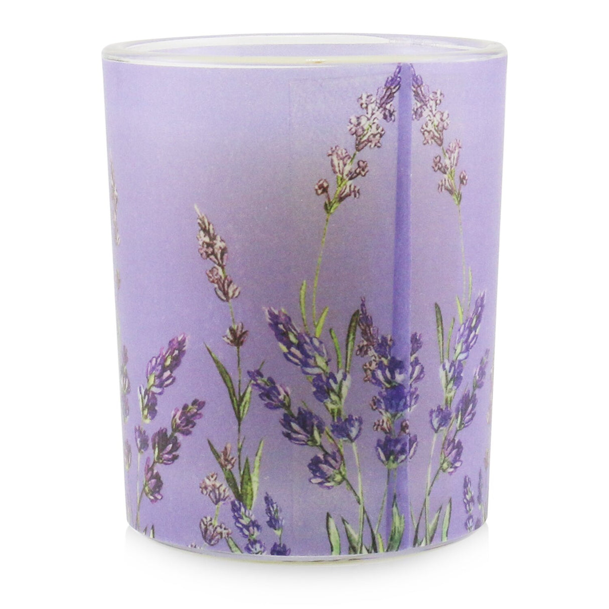 100% beeswax votive candle in lavender scent, housed in a recycled glass jar, providing a clean burn and 14 hours of soothing aroma.