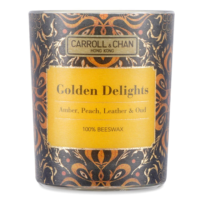 Beeswax votive candle in a recycled glass jar, warm honey scent, and clean burn with natural cotton wick, 14-hour duration.