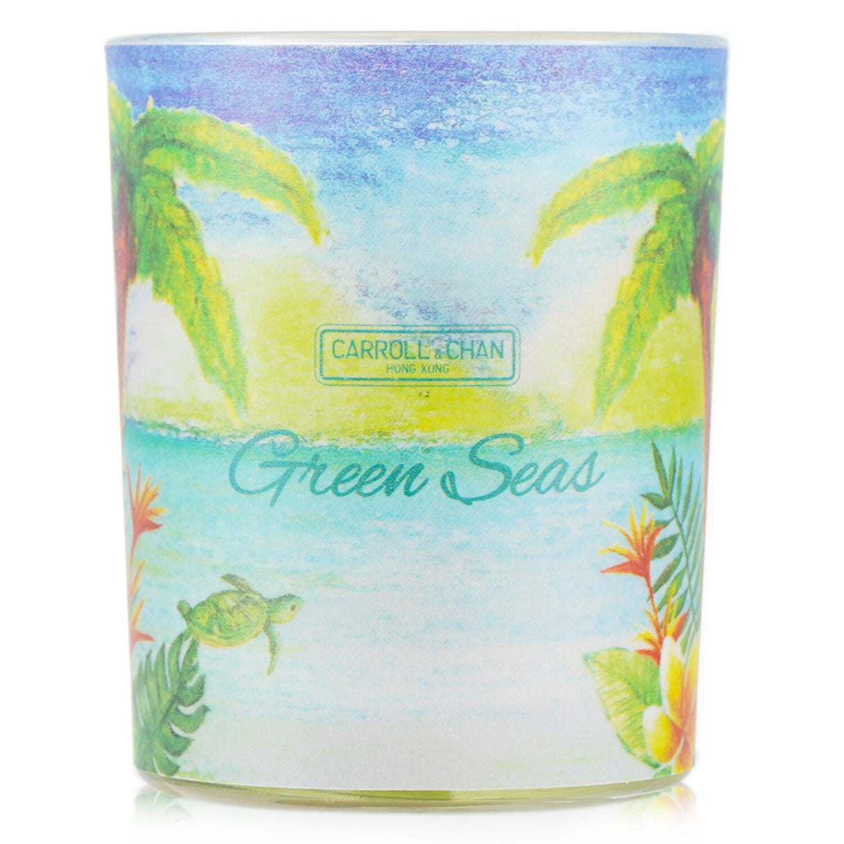Green Seas beeswax votive candle in recycled glass jar, eco-friendly, clean burn, and natural scent for a serene ambiance.