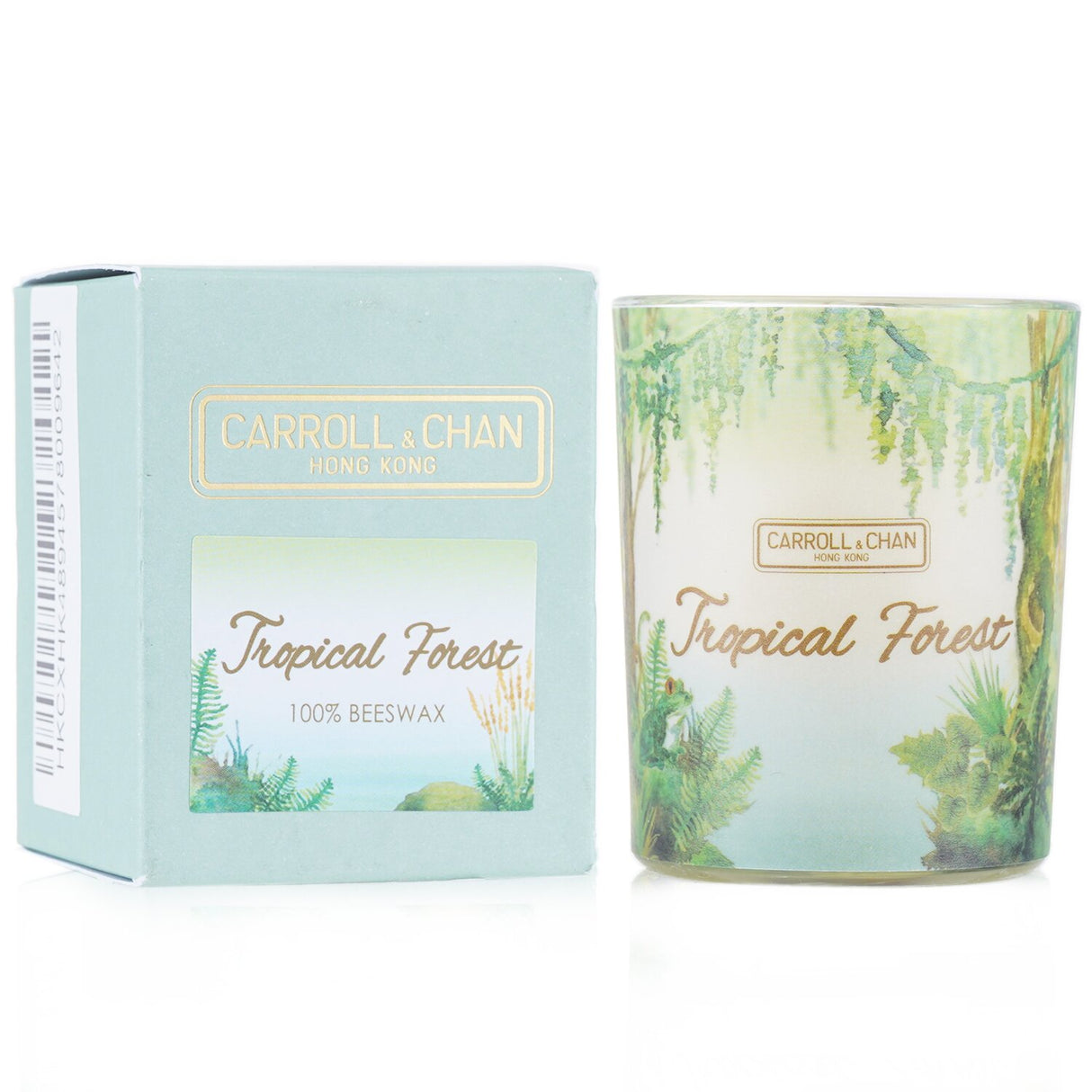 100% beeswax votive candle in a decorative recycled glass jar with Tropical Forest scent for a clean, eco-friendly burn.