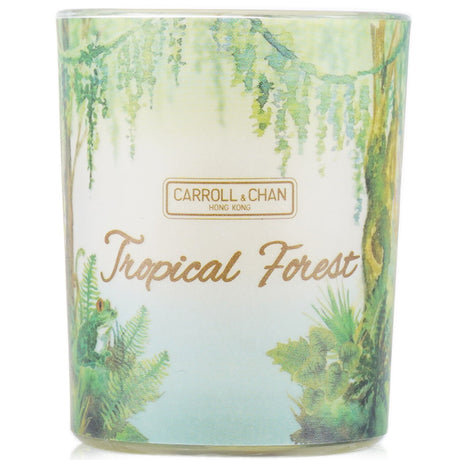 100% beeswax votive candle in Tropical Forest scent, eco-friendly, smokeless burn, decorative recycled glass jar.
