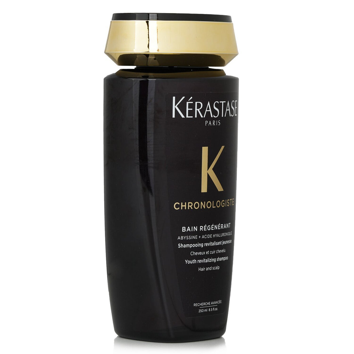 Kerastase Chronologiste Bain Regenerant shampoo in 250ml bottle revitalizes hair and scalp, infused with Abyssine, vitamins, and ceramides.