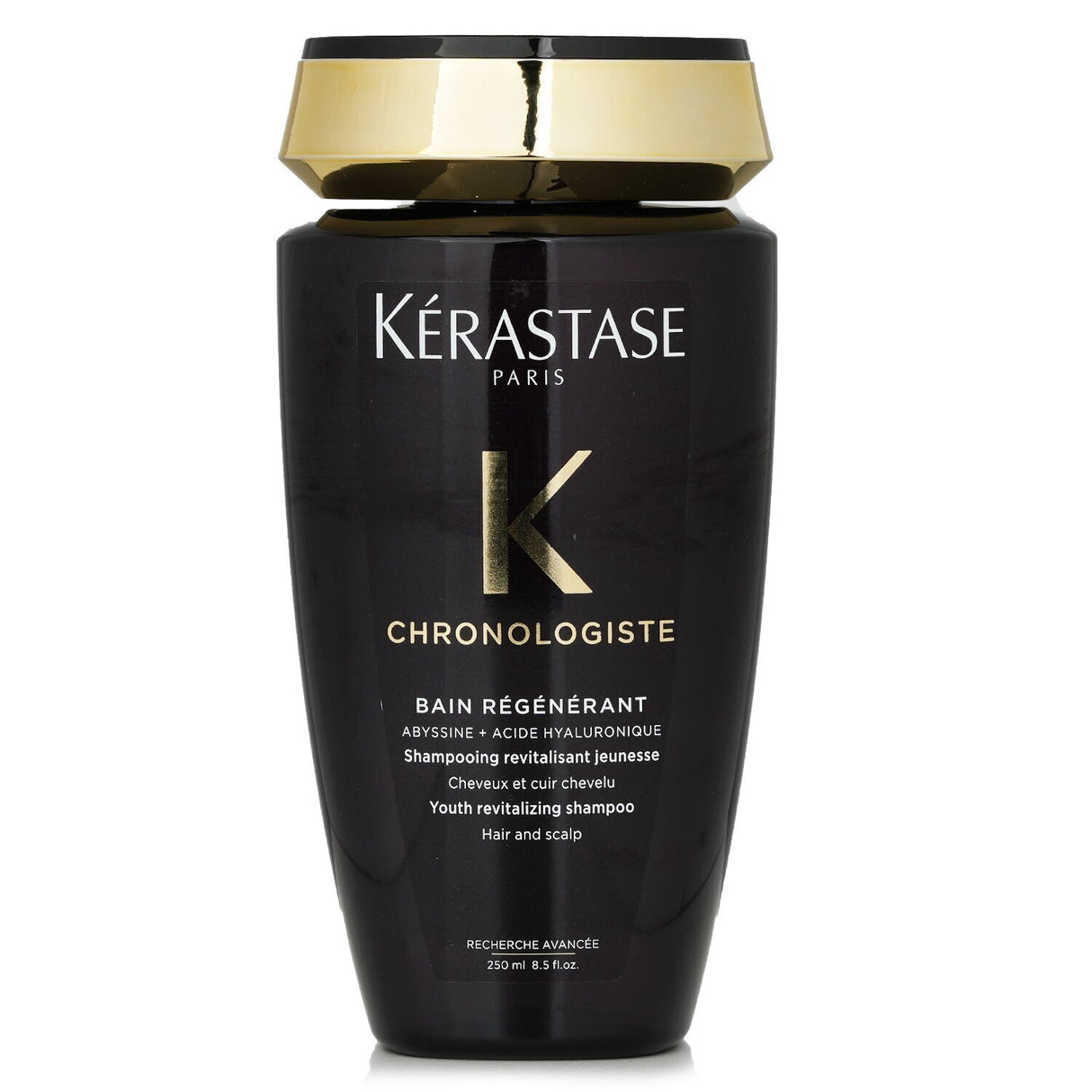 Kerastase Chronologiste Bain Regenerant shampoo revitalizes hair and scalp, enriched with Abyssine, vitamins, and Ceramides.