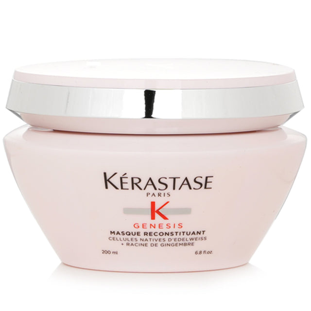 Kerastase Genesis Masque: 200ml fortifying hair mask with Ginger Root and Edelweiss, reducing breakage and enhancing shine.