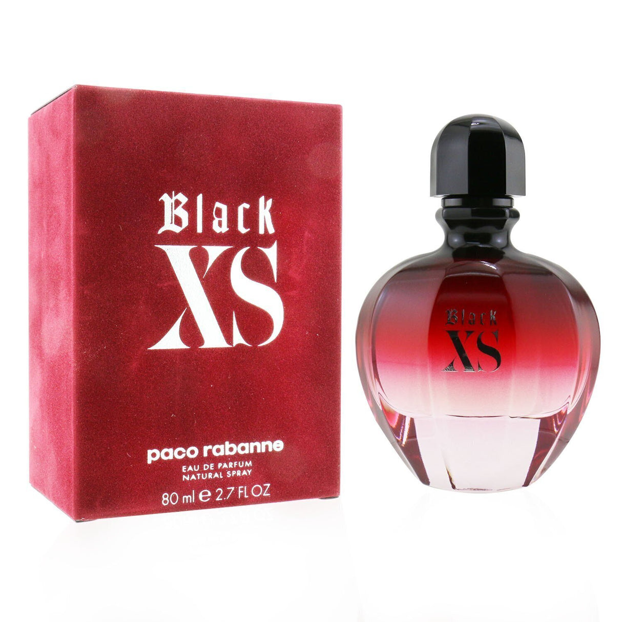 Paco Rabanne Black XS For Her Eau De Parfum, 80ml, features floral and woody notes, perfect for evening wear.