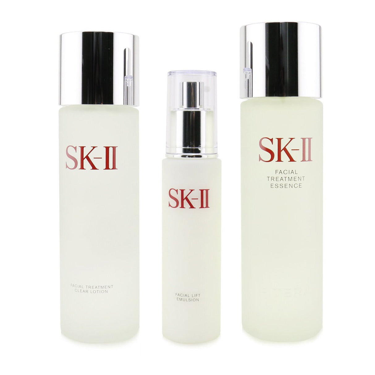 SK-II Pitera Deluxe Hydrating Set featuring Facial Treatment Essence, Emulsion, and Clear Lotion for glowing, nourished skin.