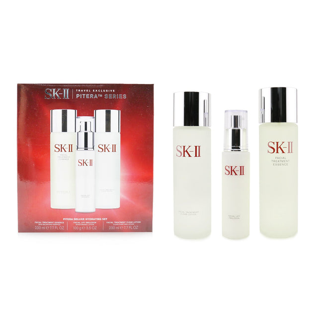 SK-II Pitera Deluxe Hydrating Set with Facial Treatment Essence, Emulsion, and Clear Lotion for radiant, nourished skin.