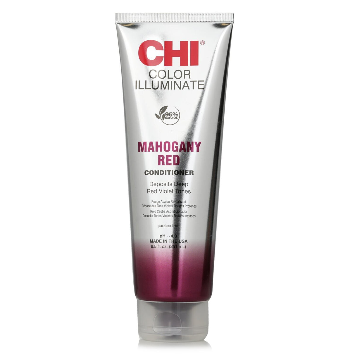 CHI Ionic Color Illuminate Conditioner in Mahogany Red, 251ml, delivers vibrant color and moisture with a 95% natural formula.