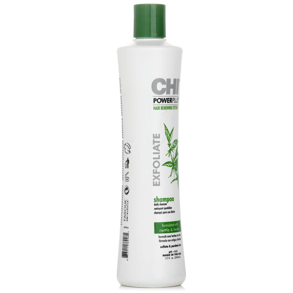 CHI Power Plus Exfoliate Shampoo in 355ml, infused with herbal extracts for detoxifying and cleansing hair.