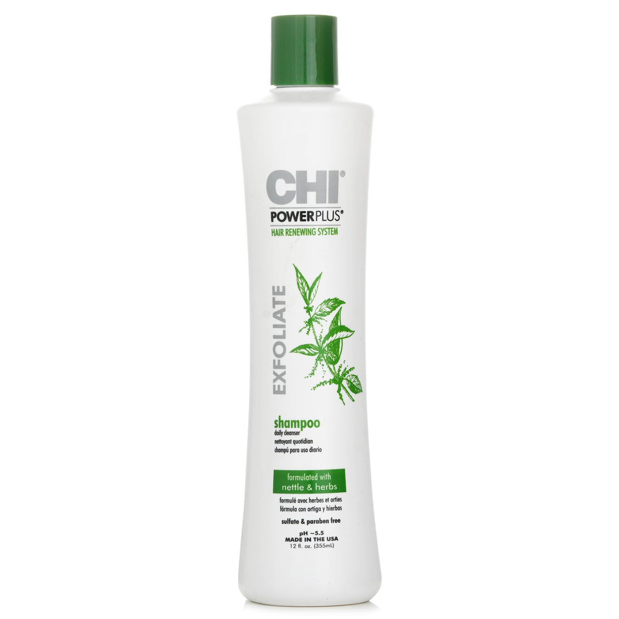 CHI Power Plus Exfoliate Shampoo 355ml, a sulfate-free formula with nettle and herbs for cleansing and revitalizing hair.