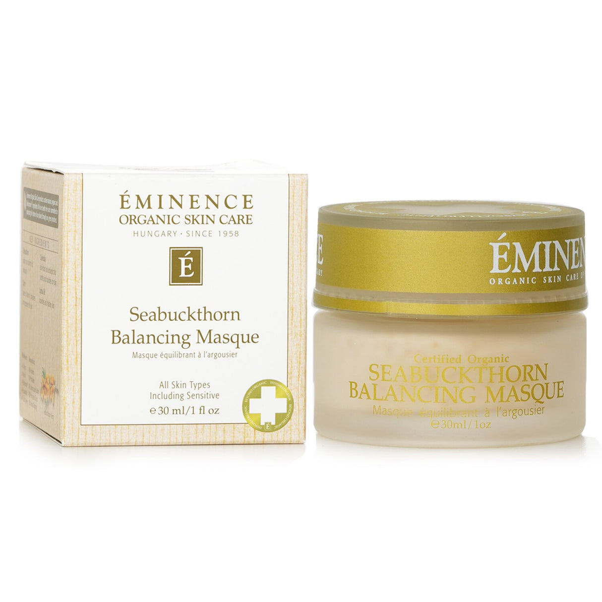 Eminence Seabuckthorn Balancing Masque in 30ml, nourishing and soothing for all skin types with anti-aging properties.