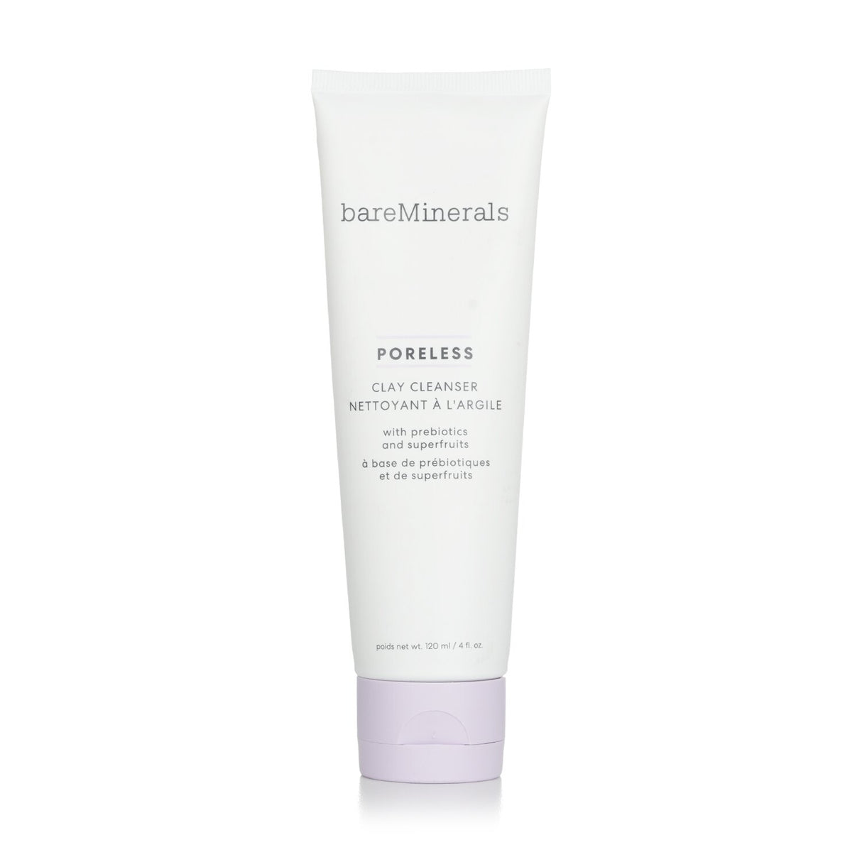 Purifying BareMinerals Poreless Clay Cleanser, 120ml, targets pores with prebiotics and exfoliating superfruits for smooth skin.