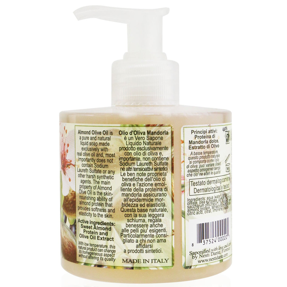 Nesti Dante Almond Olive Oil Liquid Soap in 300ml bottle, a vegan-friendly and nourishing skincare option for soft, hydrated skin.