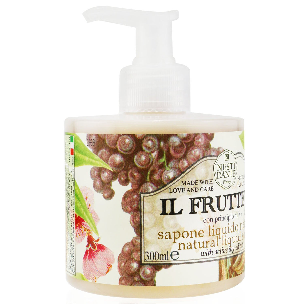 Nesti Dante Il Frutteto Liquid Soap in 300ml, vegan-friendly, enriched with olive oil, grape leaves, and lemon for soft, nourished skin.