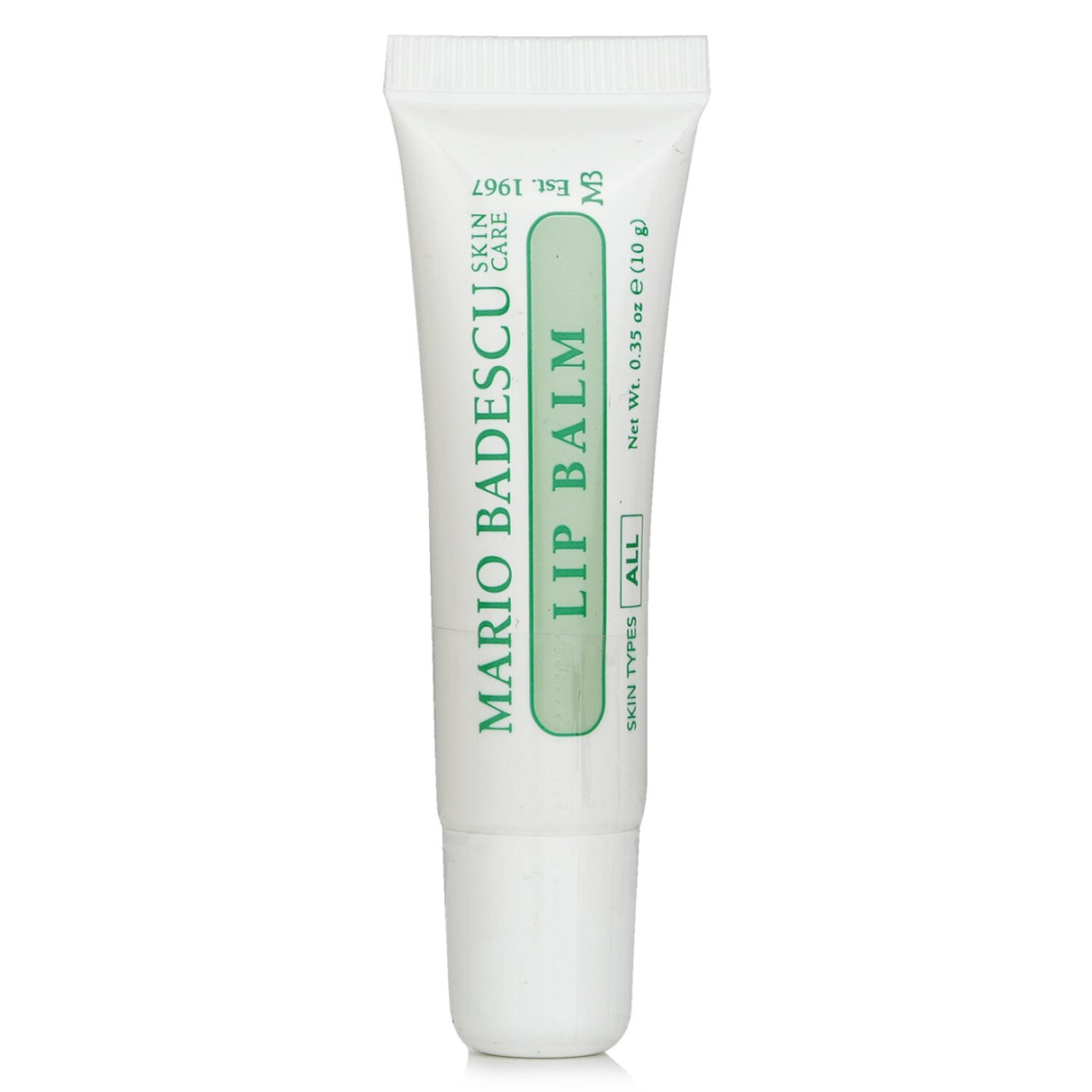 Ultra-rich Mario Badescu Lip Balm tube, 10g, infused with Cocoa Butter, Coconut Oil, and Vitamin E for hydrated, soft lips.