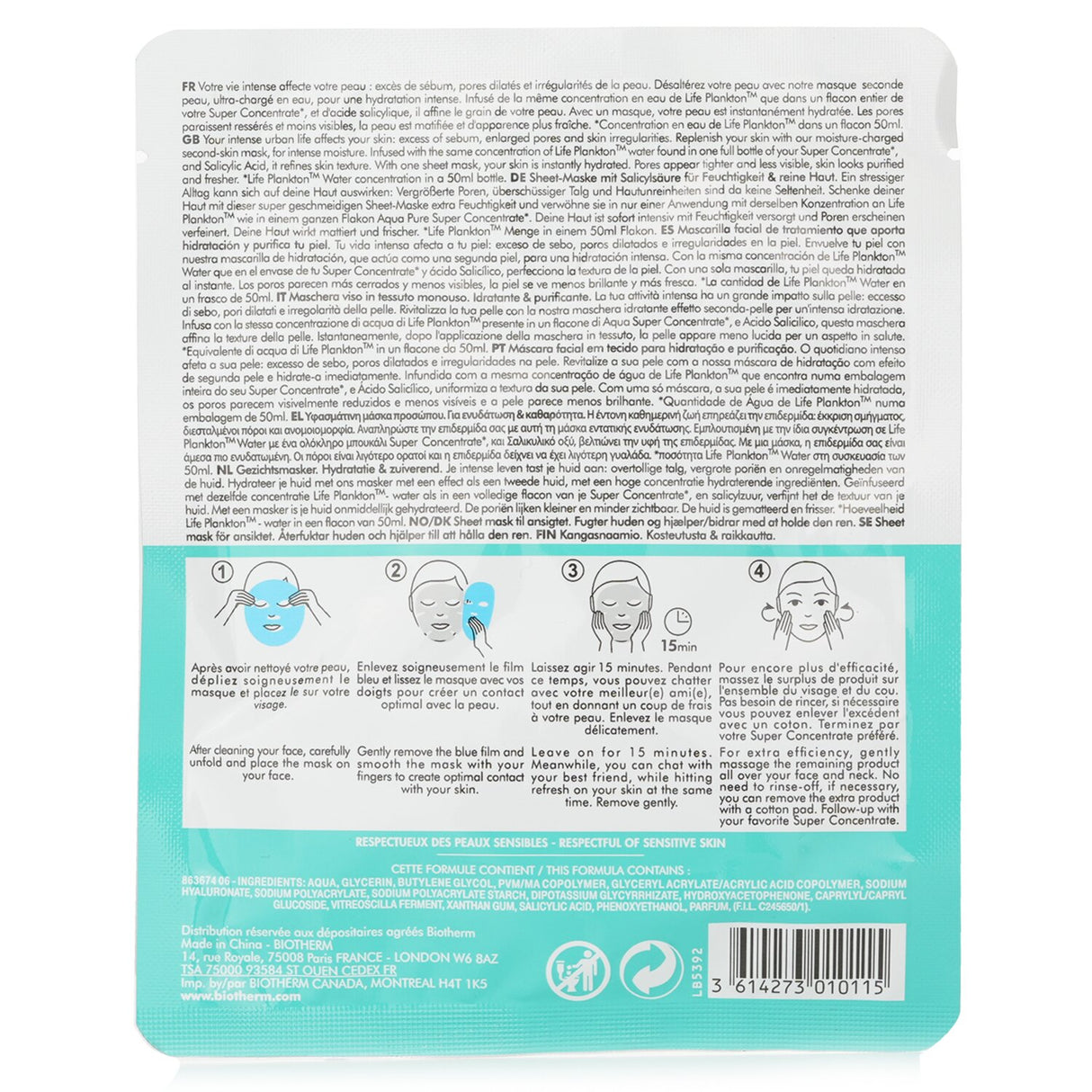 Biotherm Aqua Pure Flash Mask, a hydrating sheet mask with Salicylic Acid and Life Plankton™ for revitalized, fresh skin.
