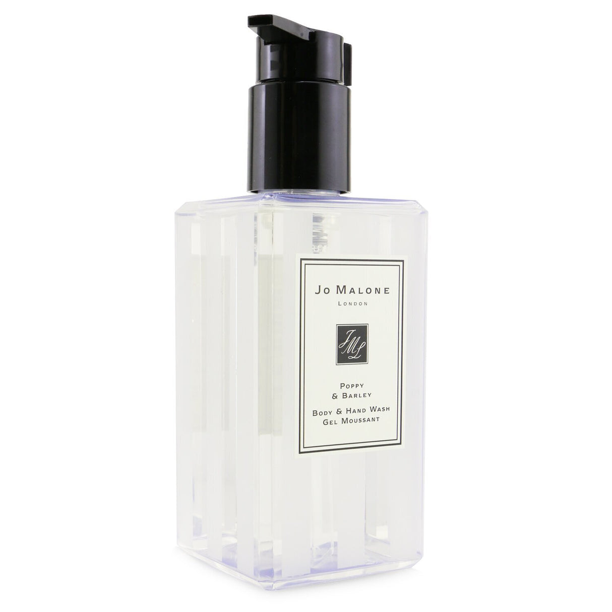 Luxurious Jo Malone Poppy & Barley Body & Hand Wash with pump, enriched with meadow foam for soft, fragrant skin.