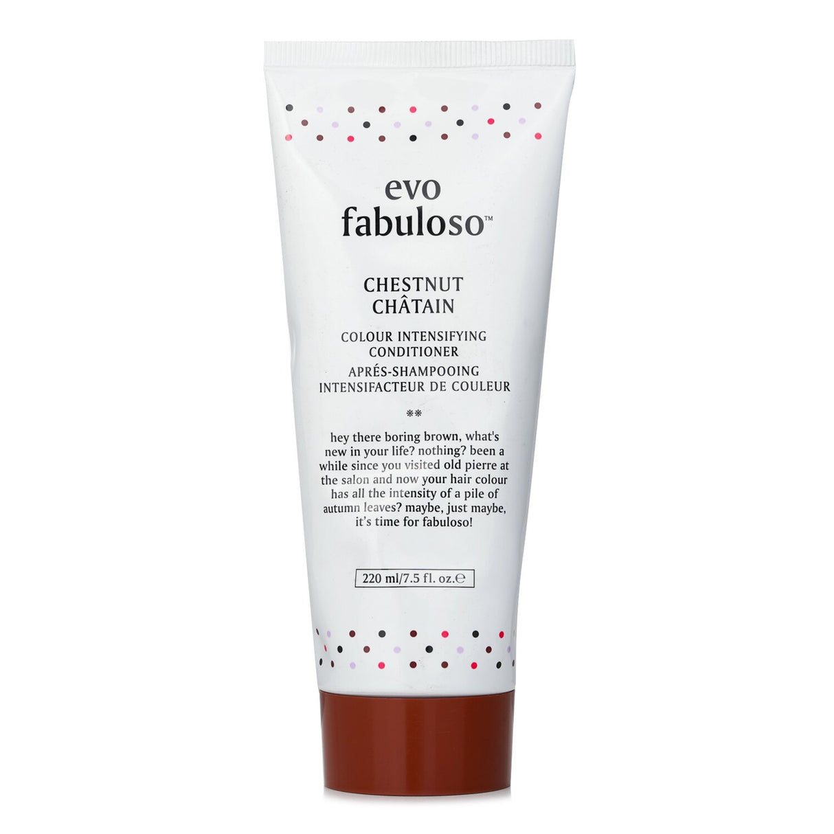 Evo Fabuloso Chestnut Conditioner in 220ml, revitalizes color-treated hair with vibrant shine and moisture balance.