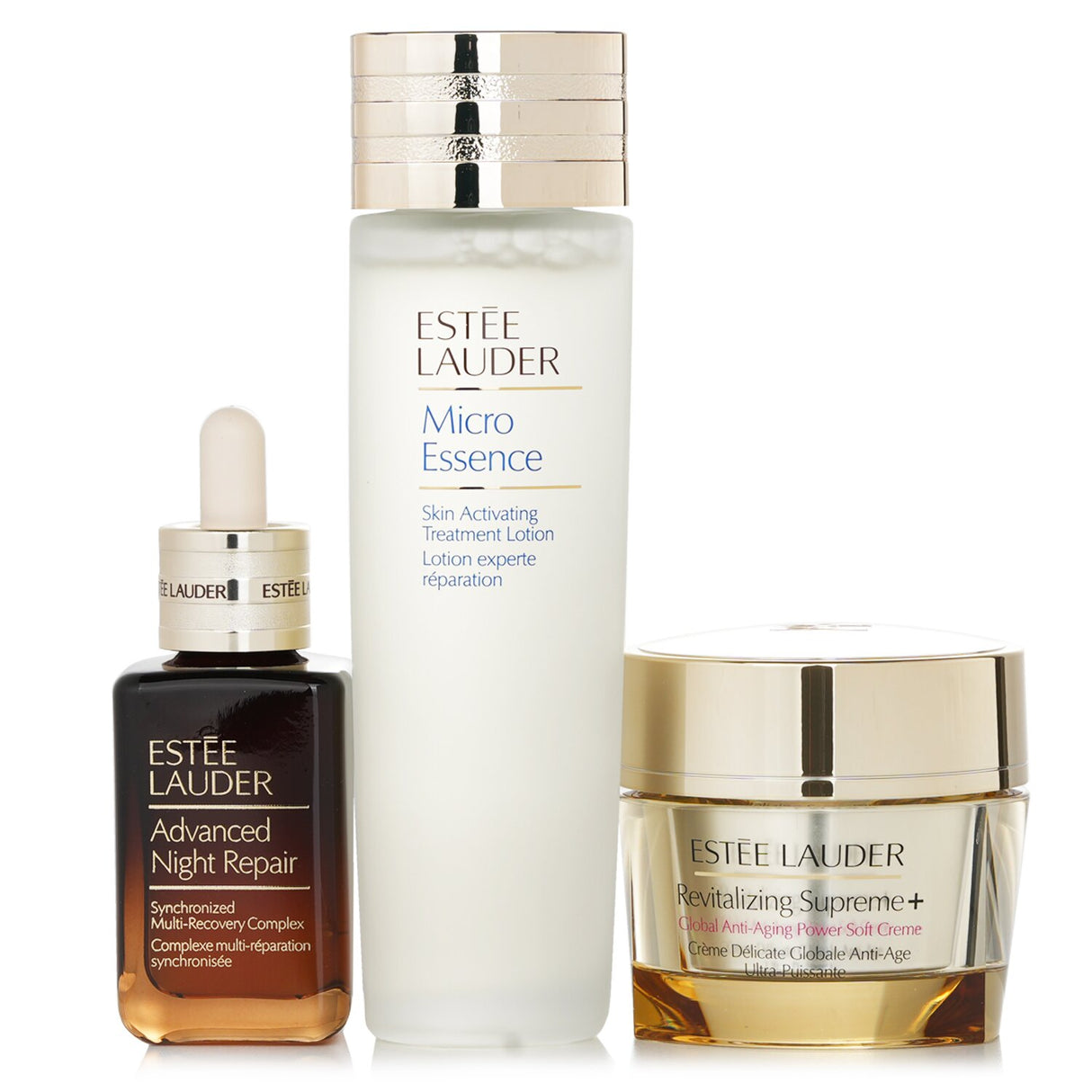 Estee Lauder Advanced Night Repair Essentials Set featuring 50ml serum, 150ml lotion, and 75ml cream for radiant skin.