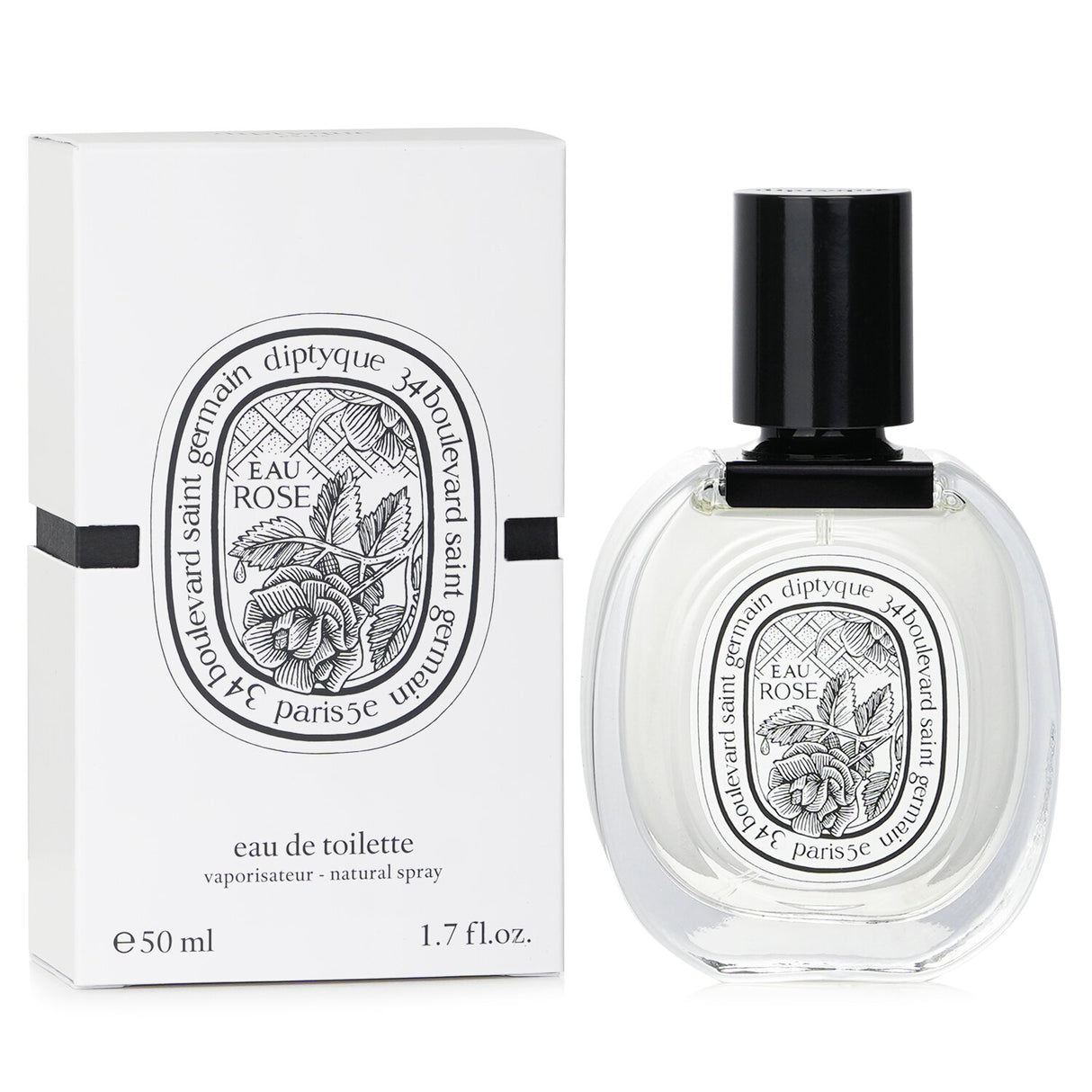 Diptyque Eau Rose Eau De Toilette Spray 50ml, a floral fruity scent blending rose, jasmine, bergamot, and sweet notes.