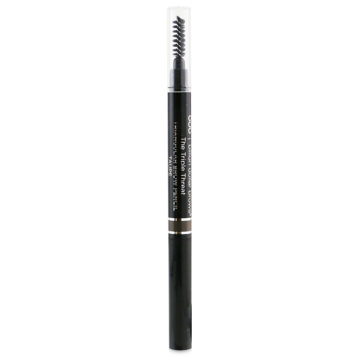 Triangular brow pencil in taupe with dual-ended design, spoolie brush for blending, and precise tip for shaping brows.