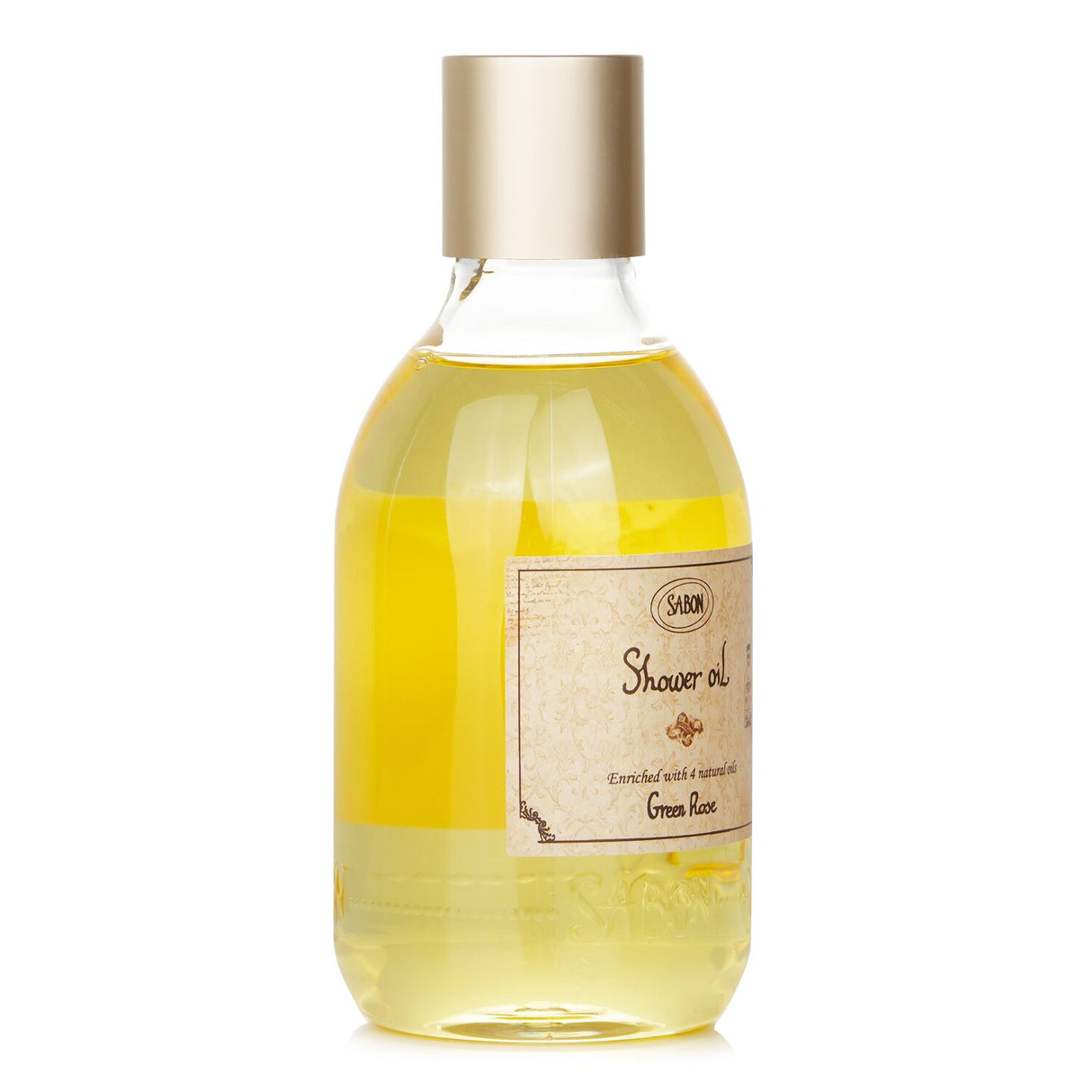 Luxurious 300ml Green Rose shower oil in a plastic bottle, enriched with essential oils for soft, moisturized skin.