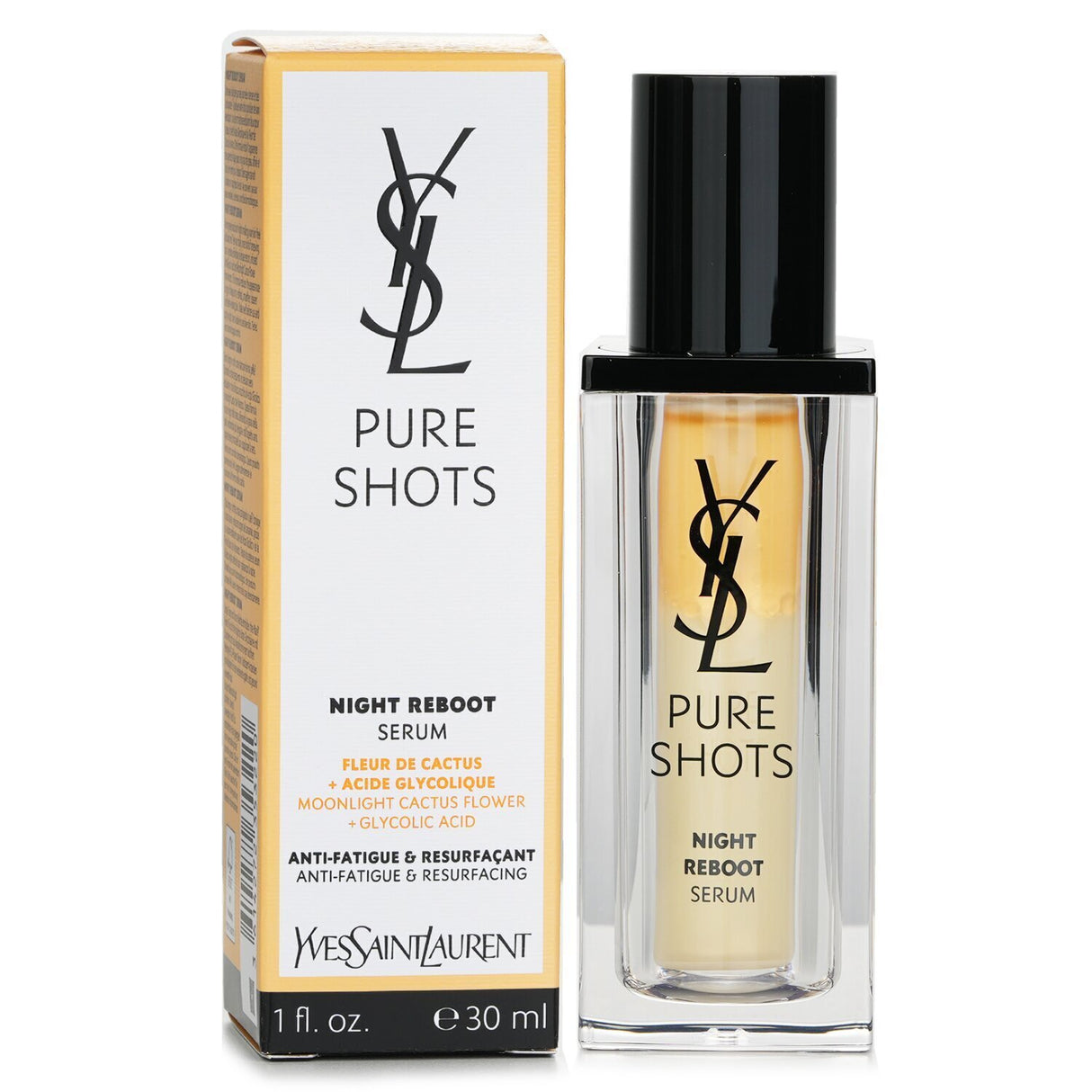 Yves Saint Laurent Pure Shots Night Reboot Serum, a bi-phase formula with Glycolic Acid for smooth, radiant skin overnight.