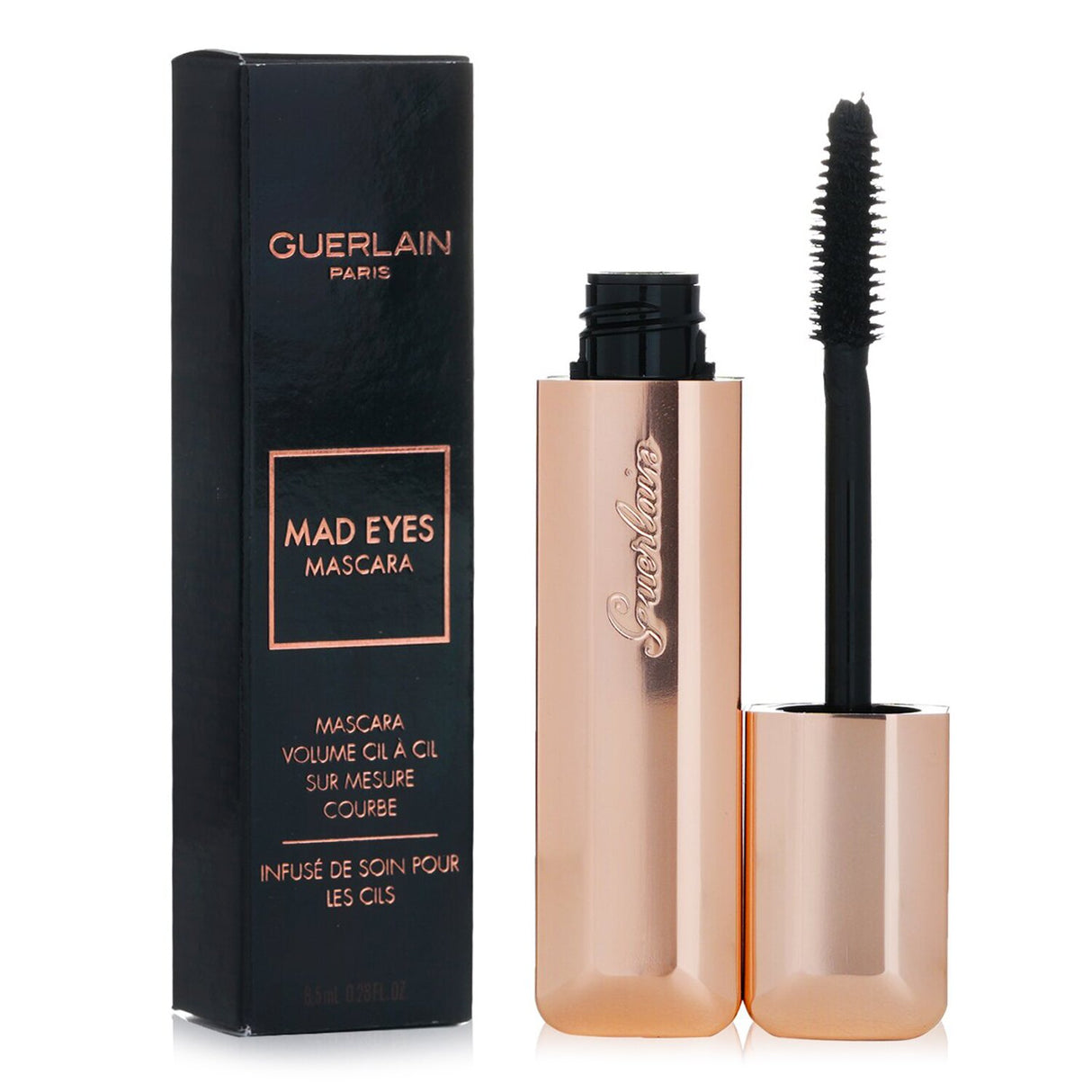 Guerlain Mad Eyes Mascara #01 Mad Black enhances lashes with volume, length, and a floral fragrance in a 8.5ml tube.