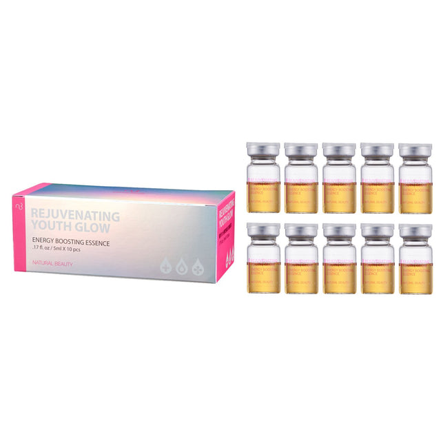 Natural Beauty Rejuvenating Youth Glow Essence: energizing serum in 10x5ml bottles, infused with botanicals for hydration and radiance.