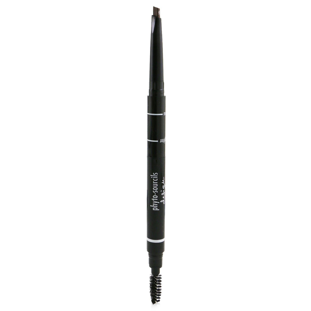 Triangular-tipped brow pencil in #4 Moka for shaping, filling, and defining eyebrows, with brush and highlighter included.