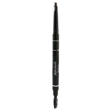 Triangular-tipped brow pencil in #4 Moka for shaping, filling, and defining eyebrows, with brush and highlighter included.