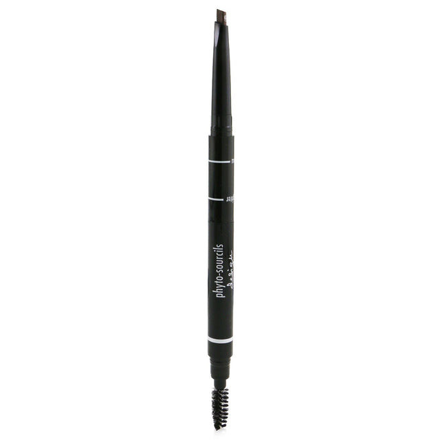 Triangular-tipped brow pencil in #4 Moka for shaping, filling, and defining eyebrows, with brush and highlighter included.