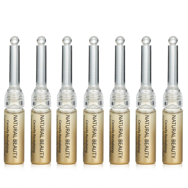 Natural Beauty Centella Revitalizing Supreme Ampoule 7 Days set, featuring seven 3ml vials for intensive skin repair and hydration.