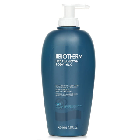 Biotherm Life Plankton Multi-Corrective Body Milk in 400ml, a nourishing moisturizer for smooth, firm skin with natural oils.