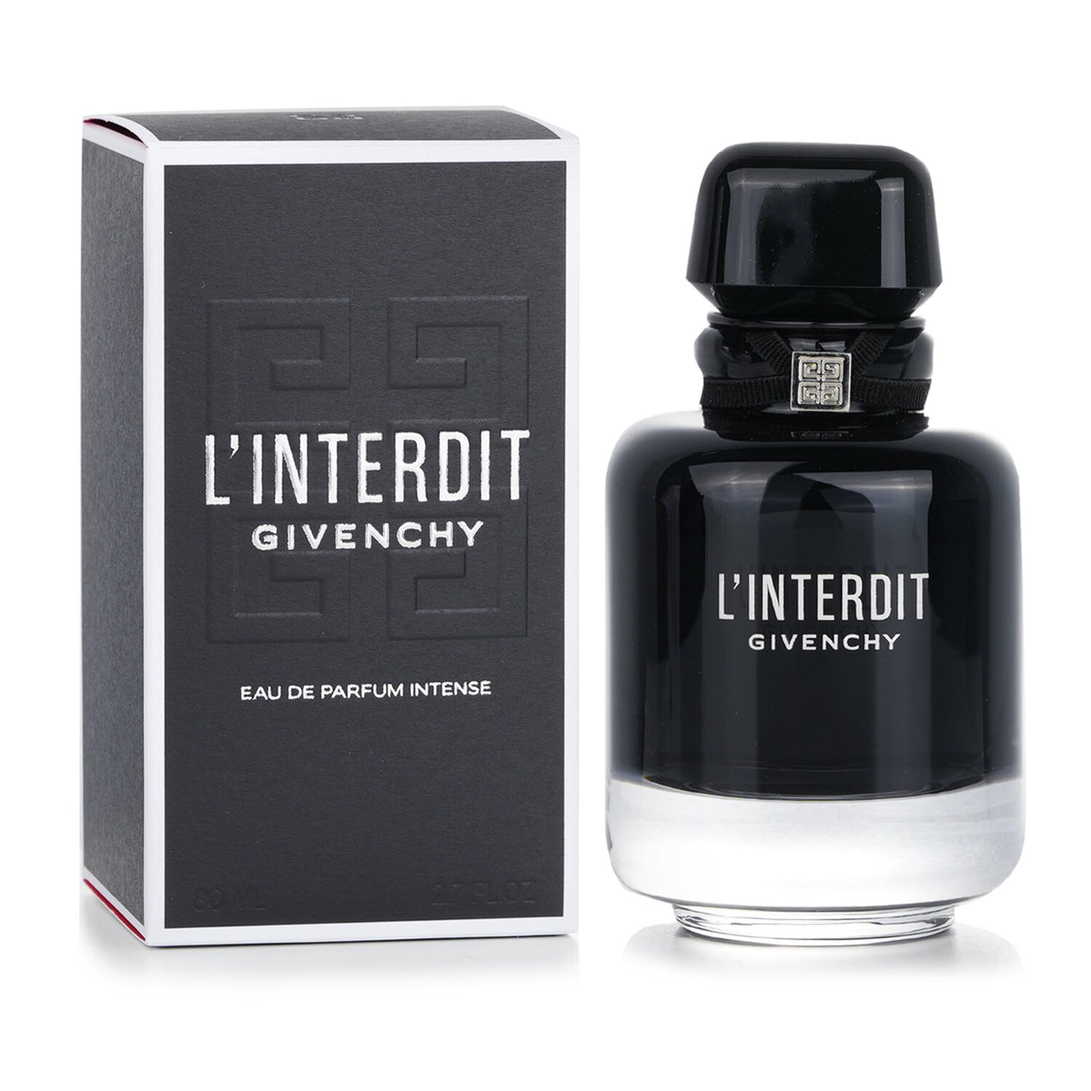 Givenchy L'Interdit Eau De Parfum Intense in an elegant 80ml bottle, featuring notes of Black Pepper, Tuberose, and vanilla.