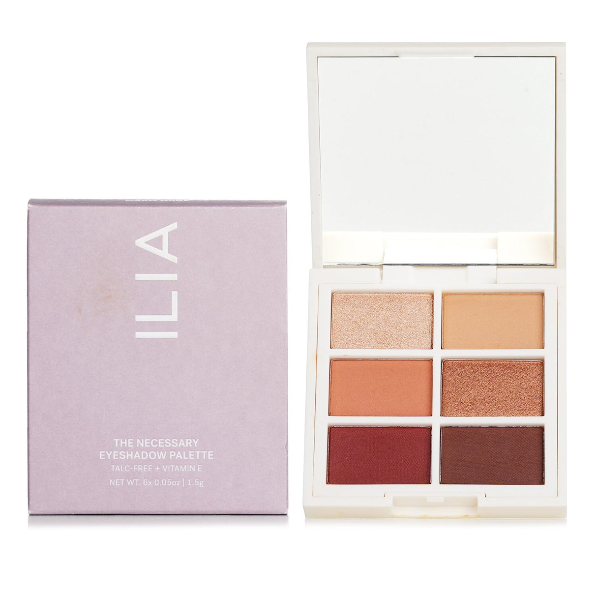 ILIA Necessary Eyeshadow Palette in Warm Nude featuring 6 buttery soft shades for versatile day-to-night looks.