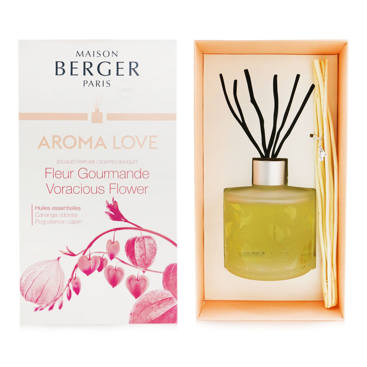 Frosted glass diffuser with natural willow stems releases ylang-ylang and patchouli scent for 6-8 weeks of romantic atmosphere.