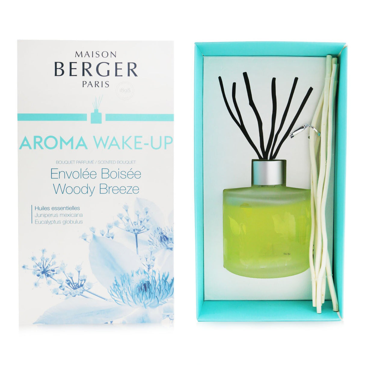 Frosted glass fragrance diffuser with eucalyptus and cedar scent, includes 6 willow sticks for 6-8 weeks of aroma.