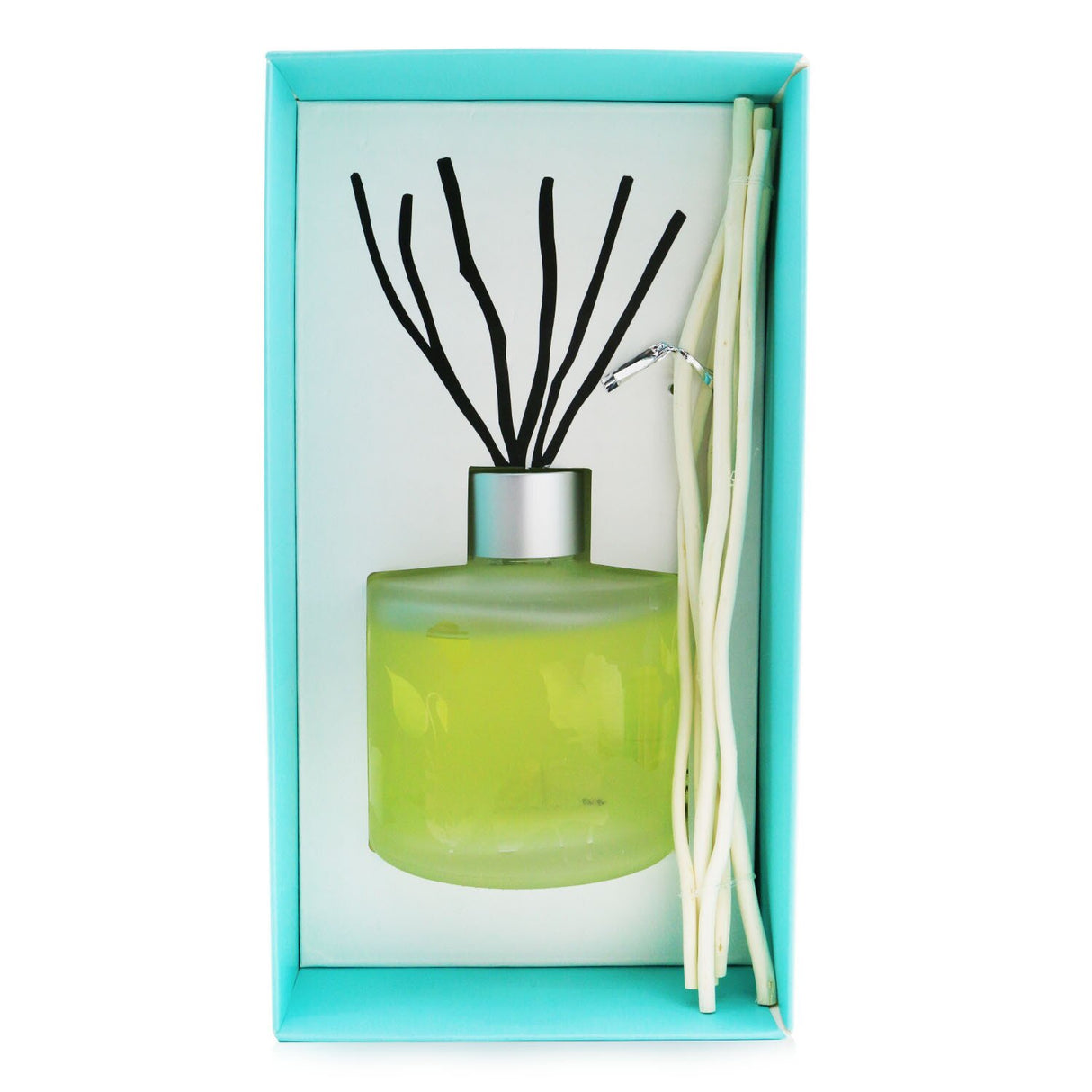 Frosted glass aroma diffuser with eucalyptus and cedar, includes 6 willow sticks for 6-8 weeks of invigorating fragrance.