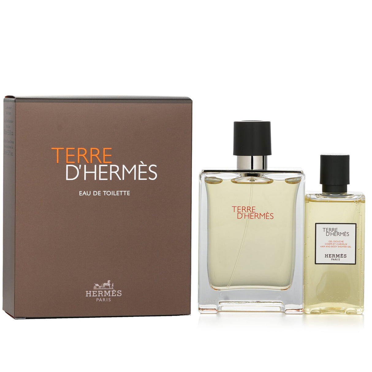 Luxurious Hermes Terre D'Hermes Coffret featuring 100ml Eau De Toilette and 80ml Hair & Body Shower Gel in elegant packaging.