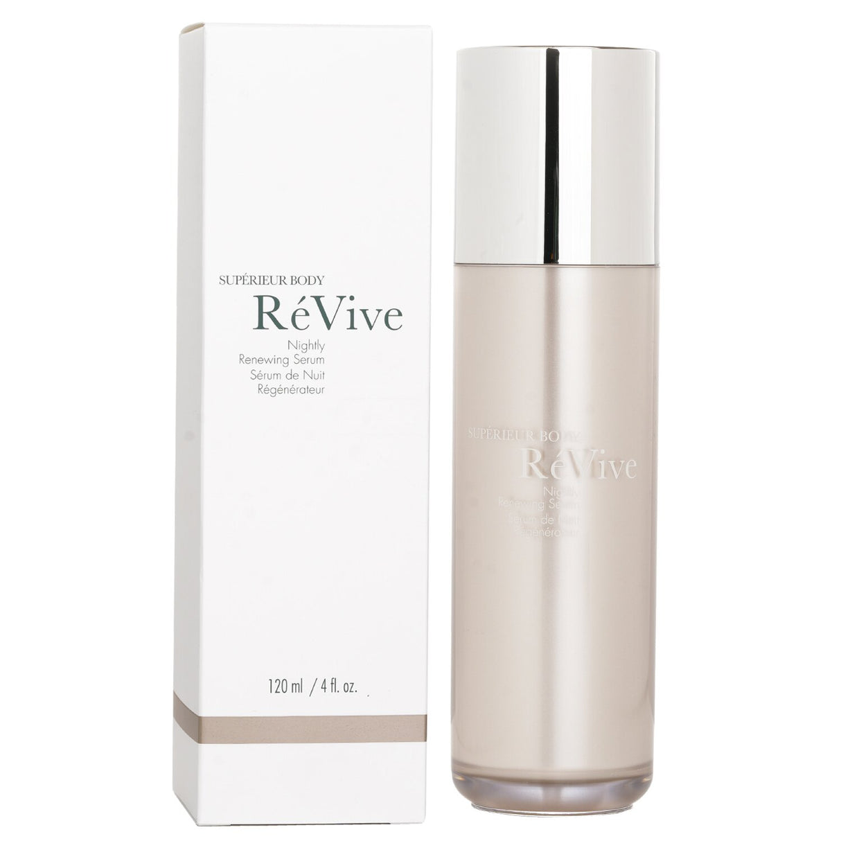 ReVive Superieur Body Nightly Renewing Serum in a 120ml bottle, designed for skin exfoliation, hydration, and anti-aging benefits.