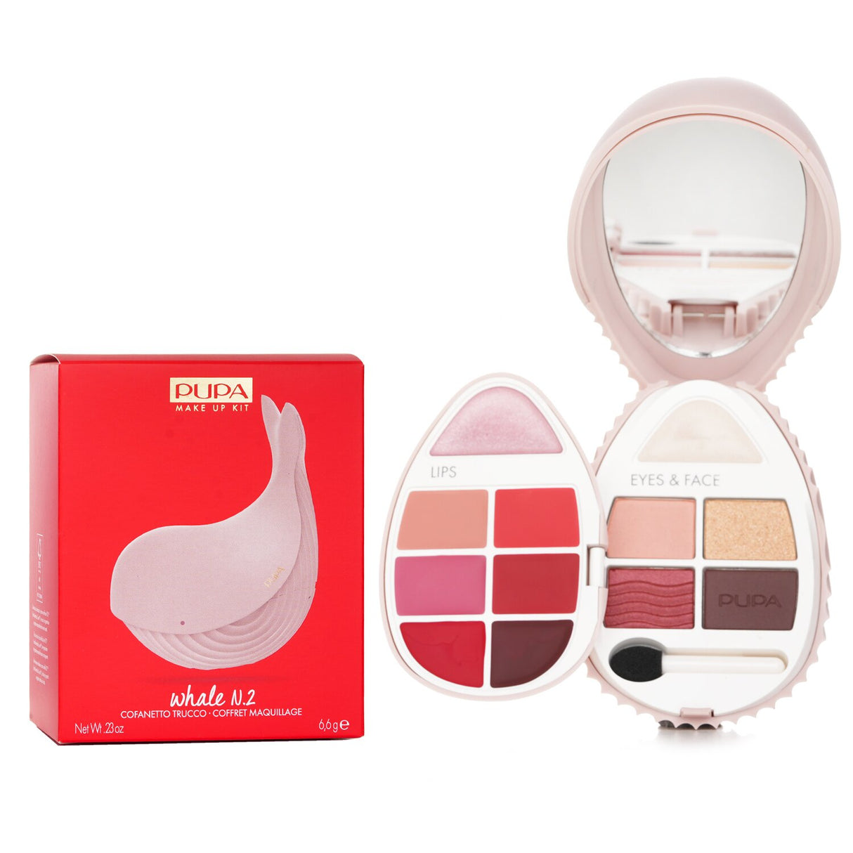 Pupa Whale N.2 Kit - #001: all-in-one makeup set with highlighter, eyeshadows, and lip creams for versatile beauty looks.