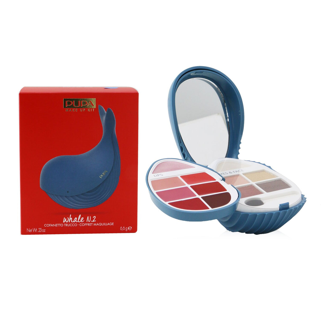 Pupa Whale N.2 Kit includes highlighter, eyeshadows, and lip creams for versatile makeup looks, perfect for all skin types.