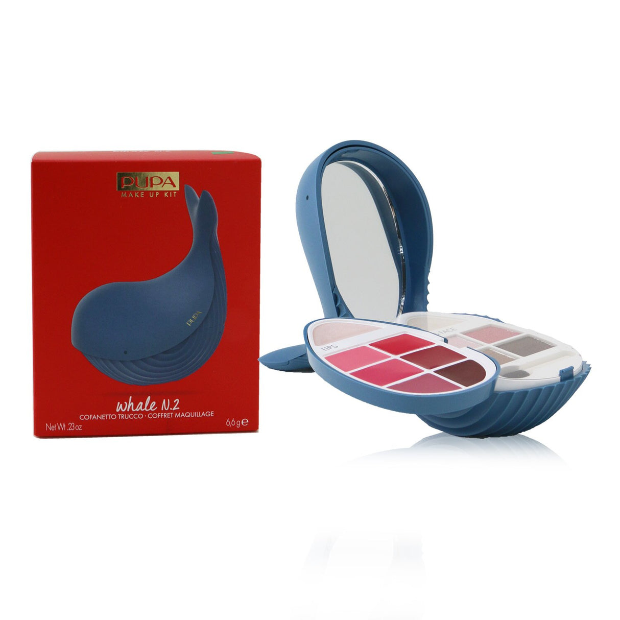 All-in-one Pupa Whale N.2 Makeup Kit featuring highlighter, eyeshadows, lip creams, and gloss for radiant beauty.