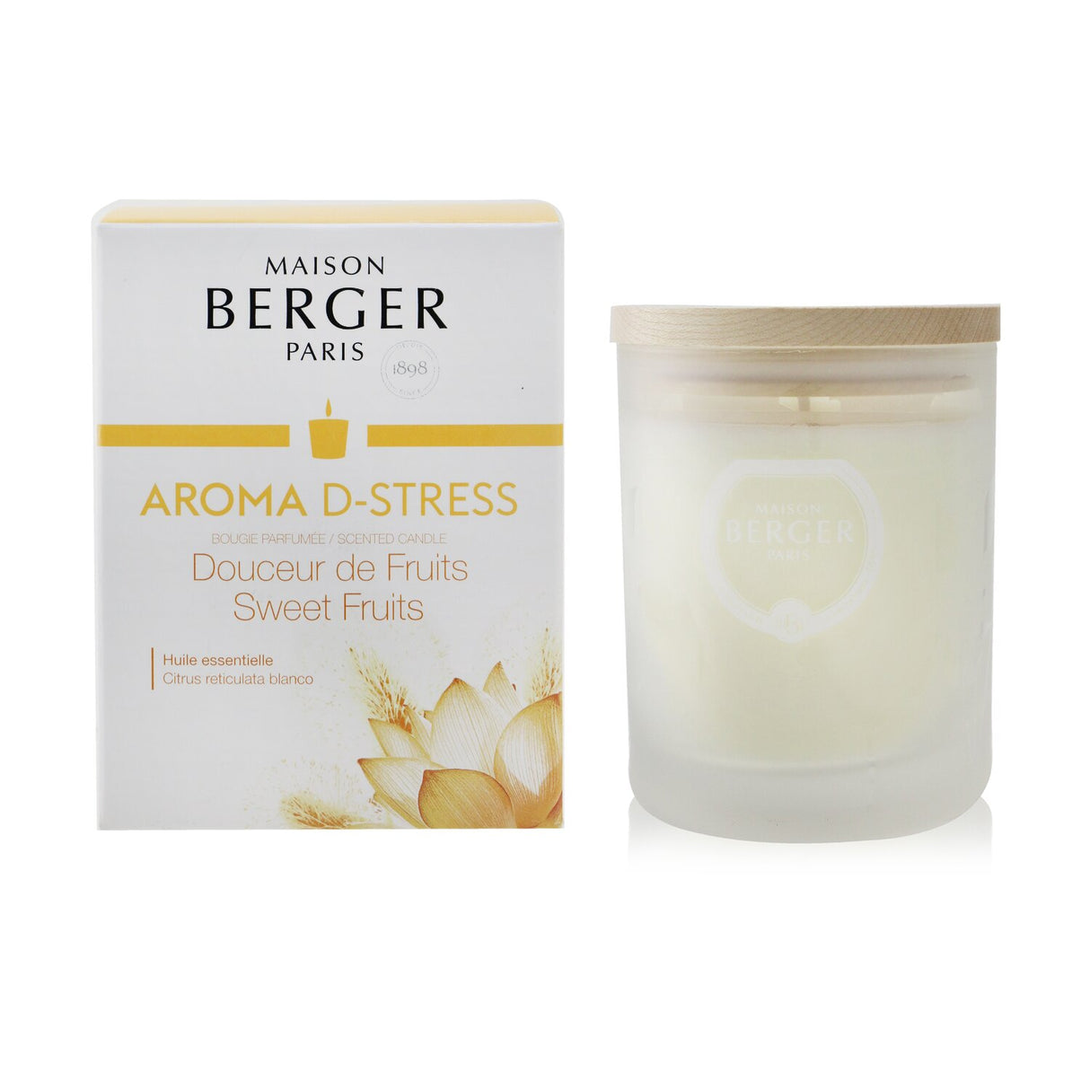 Soothe your senses with this 180g Aroma D-Stress candle featuring mandarin oil for relaxation in a stylish frosted glass container.