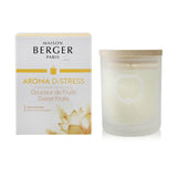 Soothe your senses with this 180g Aroma D-Stress candle featuring mandarin oil for relaxation in a stylish frosted glass container.