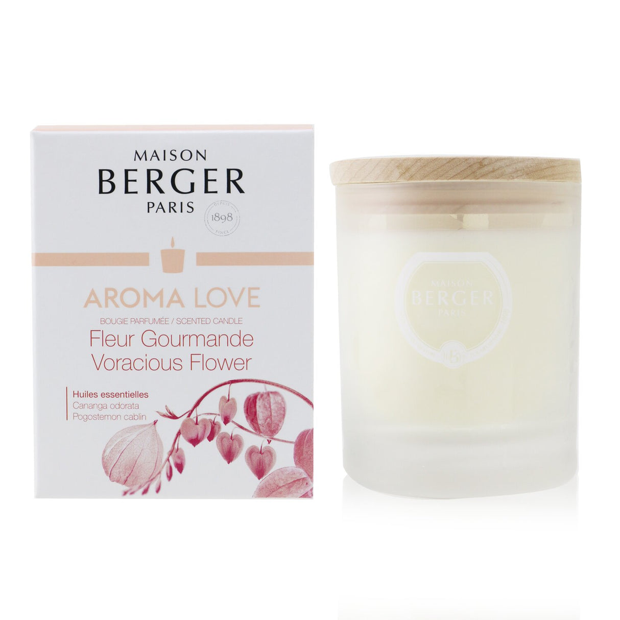 Lampe Berger Aroma Love scented candle in frosted glass, featuring ylang-ylang and patchouli for a romantic ambiance.
