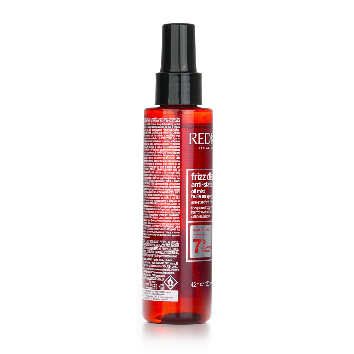 Redken Frizz Dismiss Anti-Static Oil Mist in a 125ml bottle, designed to control frizz and add shine for smooth, manageable hair.